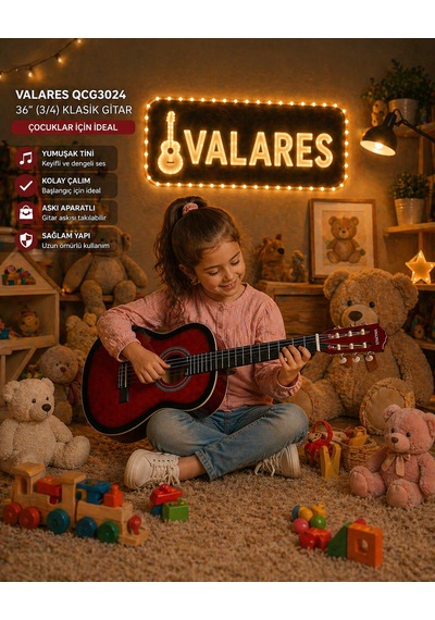 Valares Qcg3024 34 1/2 Yarım Boy Klasik Gitar Kırmızı Askı Aparatlı Çocuklar İçin İdeal Kolay Çalım