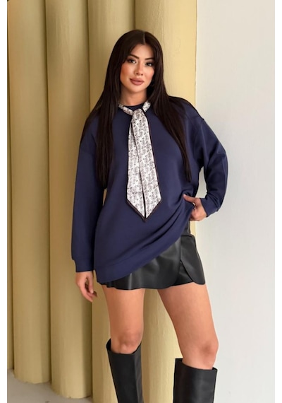 Balenbi Premium Modal Fular Detaylı Bisiklet Yaka Oversize Tunik 1177 Lacivert