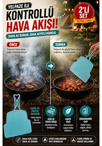2'li Set Mangal Yelpazesi Ve Izgara Temizlik Fırçası Kamp Piknik Barbekü Mangal Aksesuarı Pratik