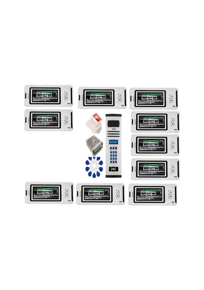 10 Daire Nts 2001-b 4,3'' Görüntülü Diafon Beyaz-8004 Tuş Takımlı Şifreli+geçişli Zil Panelli Set