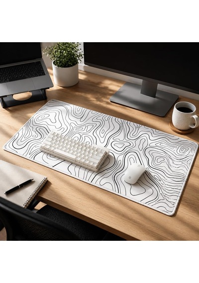 90x40 Cm Mouse Pad, Siyah Topografik Kontur Desenli Büyük Gaming Mouse Pad, Kaymaz Kauçuk Tabanlı, Dikişli Kenarlı