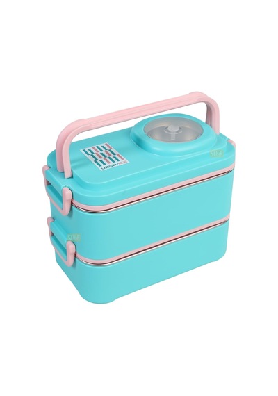 1200ml Lunchbox 2 Katlı 4 Bölmeli Mini Kaseli Çelik Sefer Tası Yemek Kutusu Turkuaz-pembe Çok Renkli