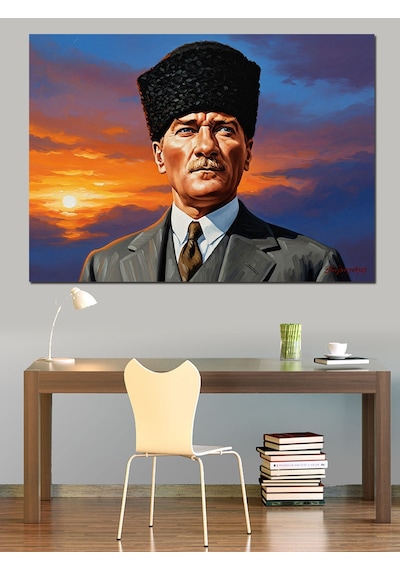 Kalpak Başlıklı Atatürk Portresi Ve Gün Batımı Dekoratif Kanvas - Mdf Ahşap Tablo