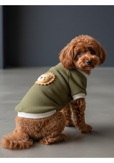Minik Aslan Kedi Sweatshirt Haki Sıcak Tutan Yumuşak Kedi Kıyafeti