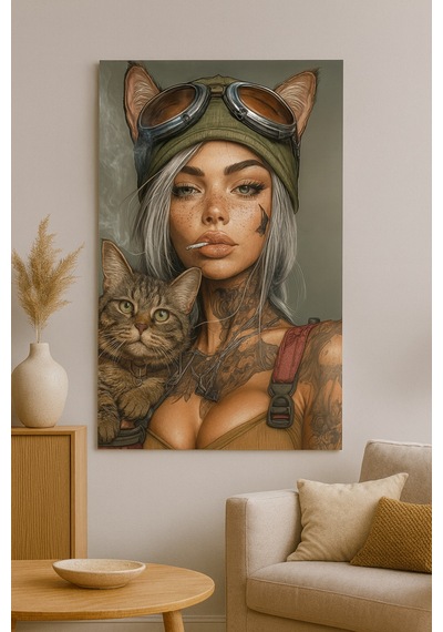 Savaşçı Kadın Ve Kedi Cam Tablo Güç, Özgürlük Ve Modern Sanat Teması