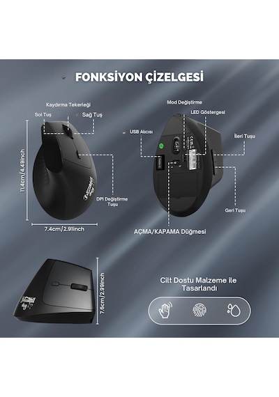 İ300 Kablosuz Ergonomik Dikey Mouse- 84gr-sessiz Tıklama- 57 Açı-16.000 Dpı Diğer