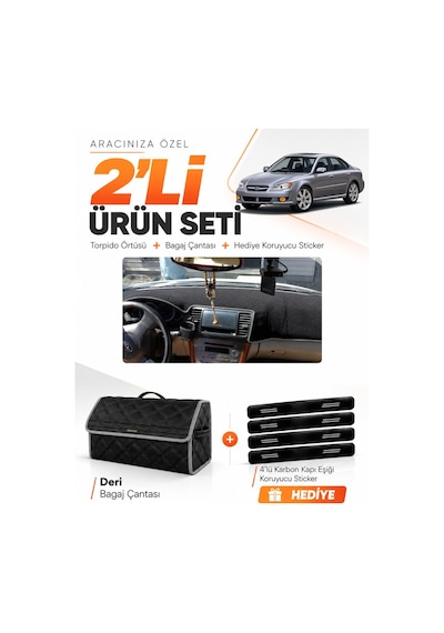 E-biz Subaru Legacy 2003-2009 Uyumlu Torpido Örtüsü + Deri Bagaj Çantası Seti - Siyah-gri - Su005