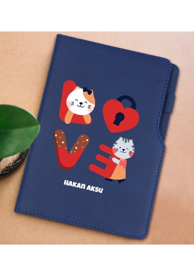 BK Gift Kişiye Özel Love Tasarımlı Lacivert Termo Deri Not Defter