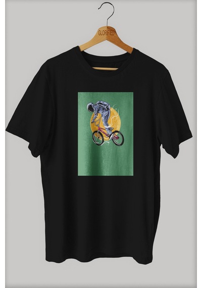 Noıssey -wed Bisiklet Süren Astranot Tasarım Baskılı Oversize T-shirt Tişört Sokak Tarzı Siyah