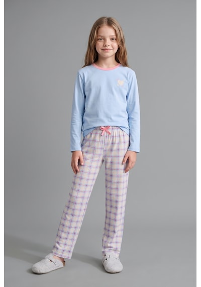 Defacto Uzun Kollu Kalp Baskılı Kareli Alt 2li Pijama Takımı Kız Çocuk I2284a826aube791 Mavi-be791