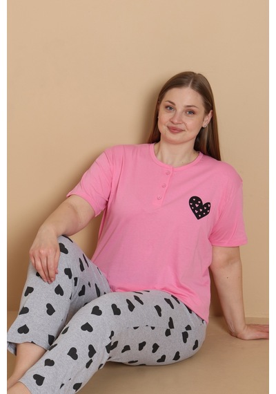 Wordex Mirano 4515 Kalpli Kısa Kollu Pamuklu Penye Büyük Beden Kadın Pijama Takımı Fuşya