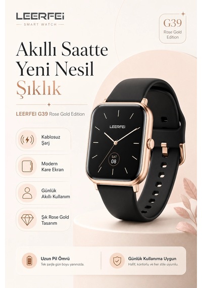Dokunmatik Ekranlı Rose Gold Akıllı Saat Kablosuz Şarj Özellikli Günlük Kullanım