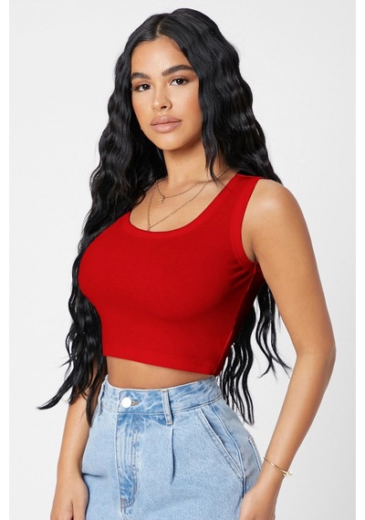 Angbutik Kadın Kırmızı Kare Yaka Crop Top Bluz