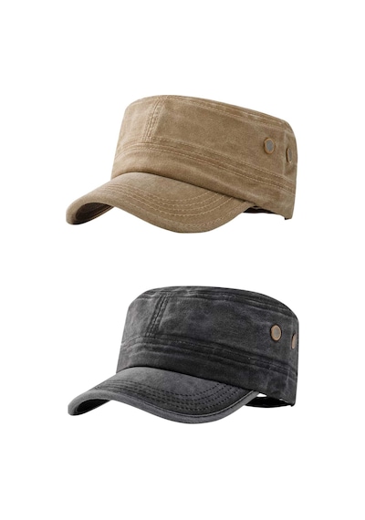 Tezzgelsin Unisex Eskitme Vintage %100 Pamuklu Castro Kep Şapka 2'li Set Camel - Siyah