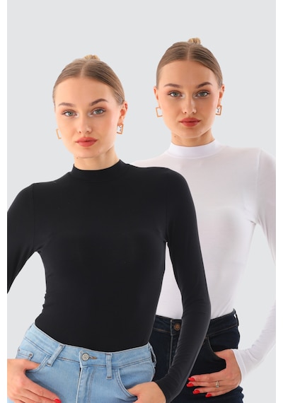 Kadın Viskon Boğazlı Kopçalı Zıbın Body 2'li Set Siyah-beyaz Siyah - Beyaz
