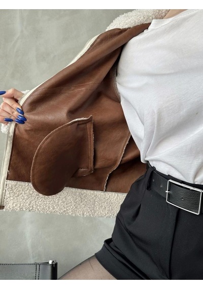 Deri Detaylı Peluş Mont Taba