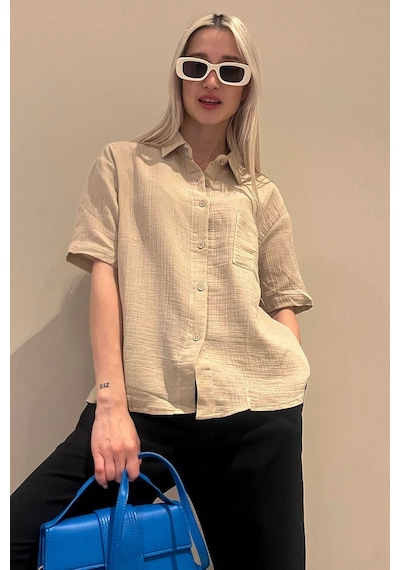 Madmext Bej Muslin Kumaş Basic Kadın Gömlek Mg1784-bej Bej