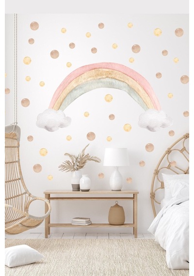 Soft Renk Gökkuşağı Ve Kahverengi Tonlarda Puantiyeler Çocuk Odası Duvar Sticker Seti