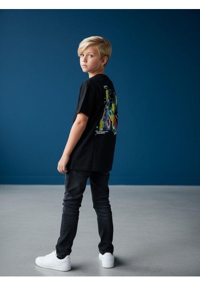 Zekids Erkek Çocuk Pamuklu Sırt Baskılı Kısa Kollu Tasarım T-shirt-16866 SIYAH