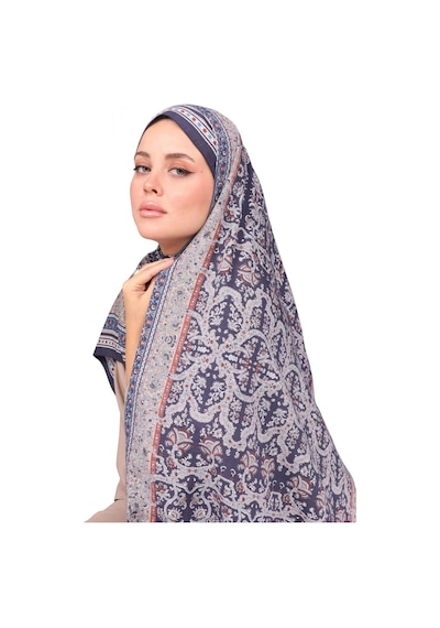 Premium Lux Original Etnik Desen Şal Vual İpek, 1. Sınıf, Hafif, Rahat, Şık, Tesettür Giyim Lacivert