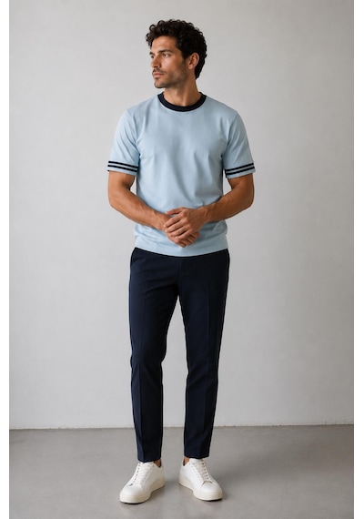 Alexandergardi Şerit Detaylı Kontrast Yaka Basic T-shirt Açık Mavi