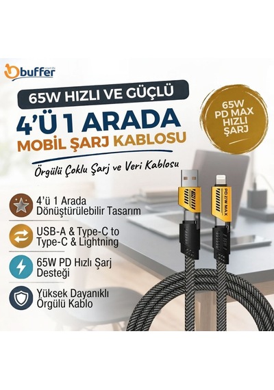 Buffer 4 Ü 1 Arada Hızlı Mobil Şarj Kablosu 65w Usb-a & Type-c To Type-c + Lightning, Örgülü Çoklu Şarj 8956731