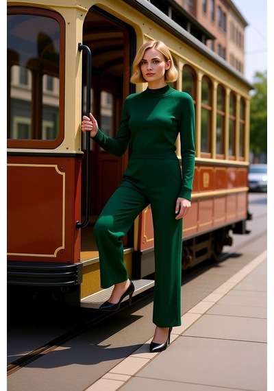 Benerly Kadın Crop Triko Takım Reglan Kollu Dik Yaka Fitted Kesim İnterlo Zümrüt Yeşili