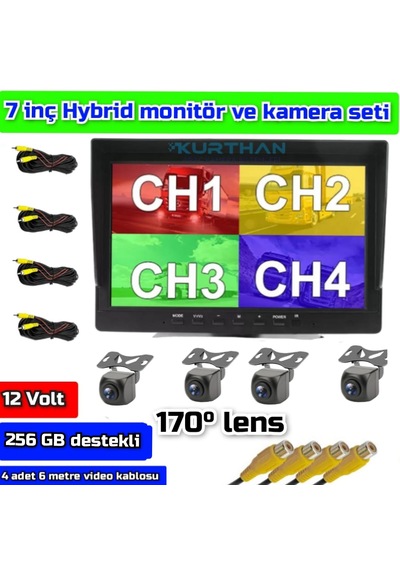 7 İnç Dvr Monitör Ve 4 Adet 170 Derece Açılı Kamera Seti 12 Volt