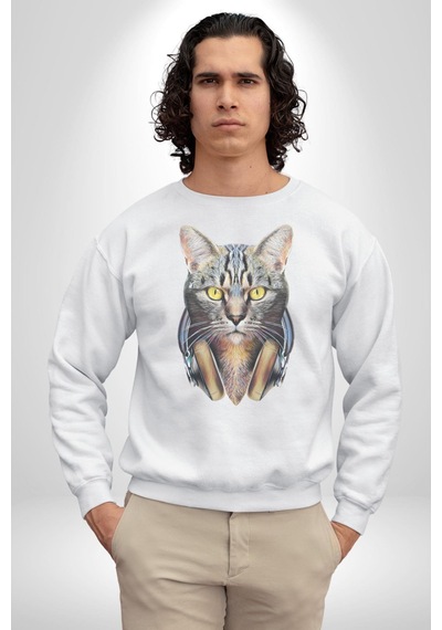 Kulaklık Kedi Unisex Beyaz Baskılı Sweatshirt Beyaz