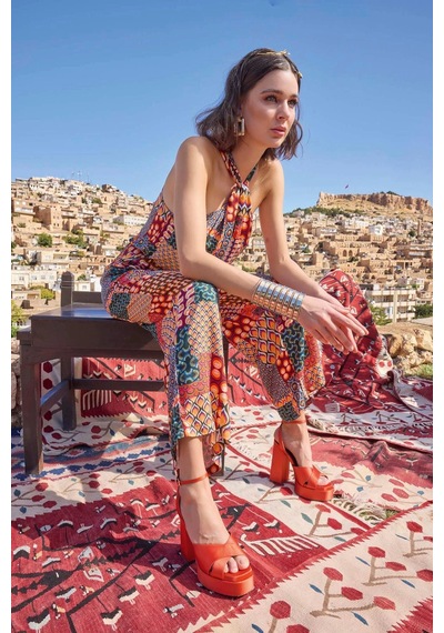 L'ombre Etnik Desenli Saten Tulum Renkli Geometrik