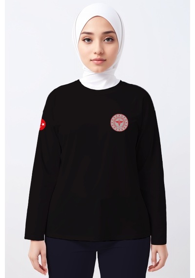 Siyah 112 Acil Sağlık Bisiklet Yaka Uzun Kollu Tişört Unisex