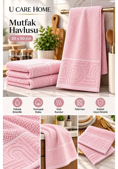 Yumuşacık Jakarlı Sıkı Doku Mutfak Havlusu %100 Organik Pamuk Lüx Dokuma Pembe - 945175533 Pembe