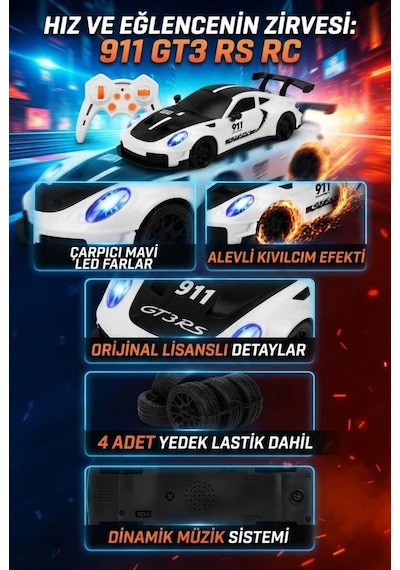 Uzaktan Kumandalı Kıvılcım Efekt Porsche Drift Yarış Arabası 4 Adet Yedek Lastik 26 Cm Sesli Oyuncak Beyaz