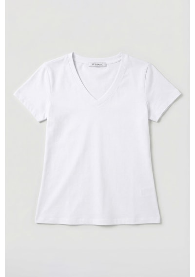 Itsbasic Kadın Beyaz S6-2 V Yaka %100 Organik Pamuk Esnek Kumaş T-shirt