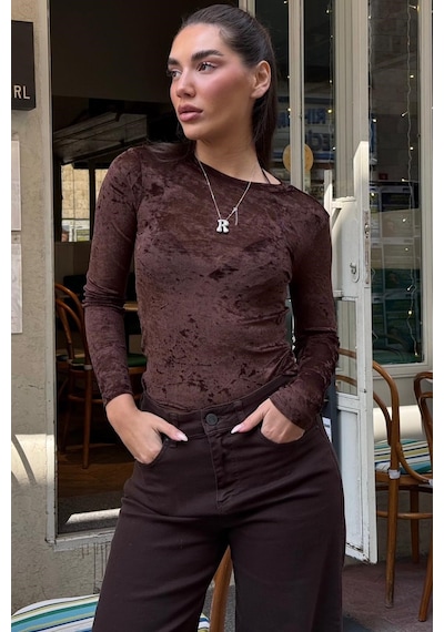 Kahverengi Transparan Kadife Dokulu Kadın Bluz Mg2730 Kahverengi