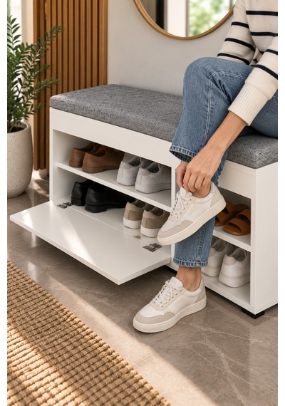 Sulorahome Puflu Ayakkabılık Bench Beyaz 90 Cm