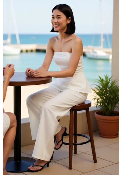 Benerly Kadın Straplez Kolsuz Fitted Bluz Pantolon Takımı Keten Karışımlı Beyaz
