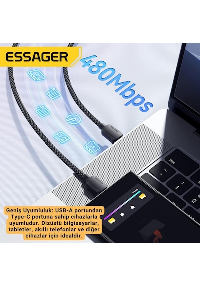 Essager 1 Metre 7a 100w E-marker Süper Hızlı Usb To Type C Şarj Data Kablosu, Akım,ısı, Güçlü Kablo