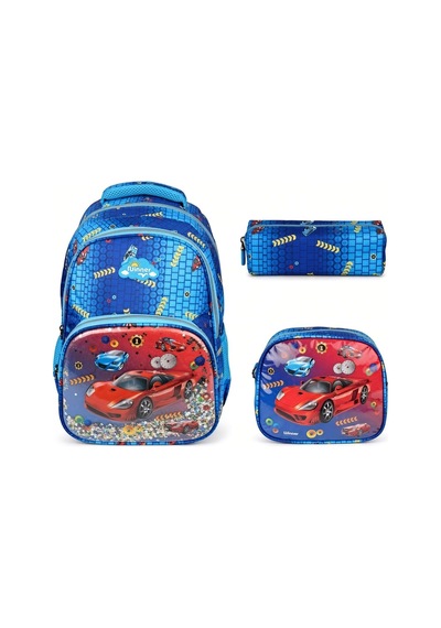 Kırmızı Araba İlkokul Çantası Beslenme Çantası Kalemlik Kabartmalı 3'lü Set 40 X 28 X 15 Cm Çok Renkli