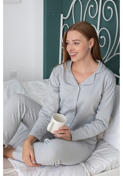 Kadın Gri Gömlek Yaka Düğmeli Pijama Takım Gri