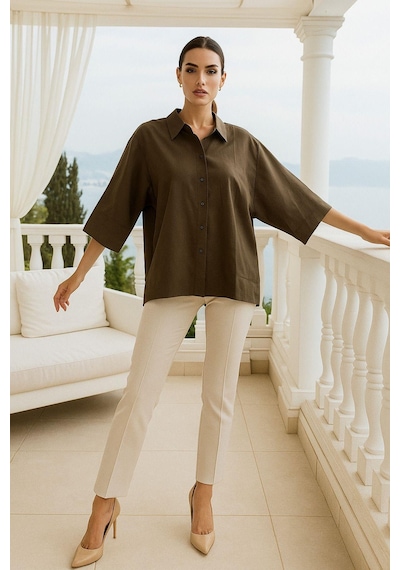 Rich Kadın Kahverengi Oversize Gömlek - Trend Bol Kesim Yumuşak Dokulu Salaş Gömlek Çok Renkli