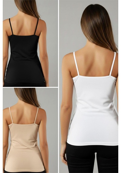 Siyah İnci 3'lü Paket Pamuklu Likralı İp Askılı Askılı Örme T-shirt Atlet 1003 Siyah Beyaz Ten