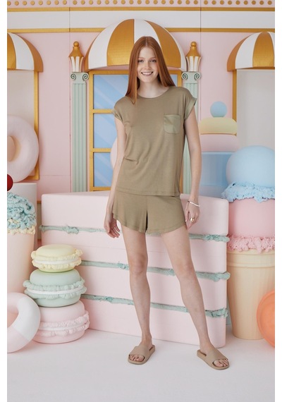 Sevim Kadın Kısa Kol Yağ Yeşili Şortlu Pijama Takım C4t0n551 001