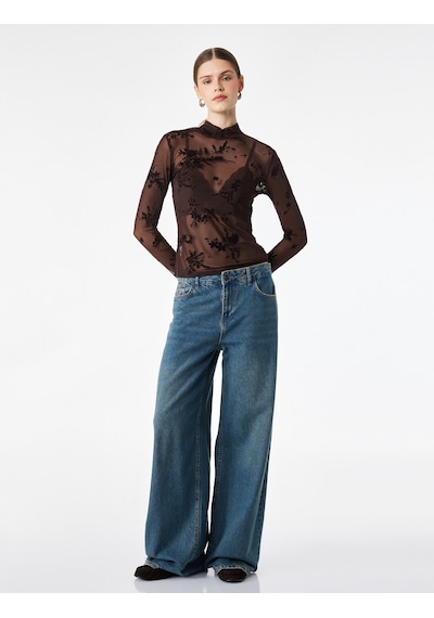 Koton Slim Fit Dik Yaka Uzun Kollu Çiçekli Tül Bluz Kahverengi 7wak70009uk Kahve