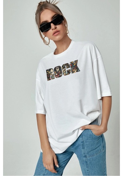- Unisex Rock Baskılı Beyaz Oversize T-shirt Beyaz