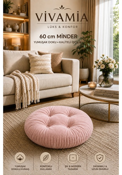Yuvarlak Kapitone Dekoratif Petek Önü Oturma Yer Minderi 60 Cm Pembe Pembe