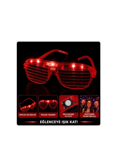 Led Işıklı Panjur Parti Gözlüğü Kırmızı Renk Shutter Gözlük "