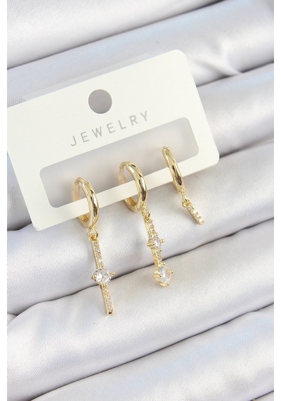 Pirinç Zirkon Taşlı Sallantılı Model Gold Renk 3& 39lü Çift Kadın Küpe Set Altın 85064045