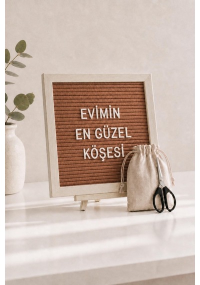 Woodart Premium Letter Board Seti, Ceviz Kahve Keçe Yüzeyli Doğal Çam Ahşap Yazı Panosu Şövale Standlı Dekoratif Set Kahverengi