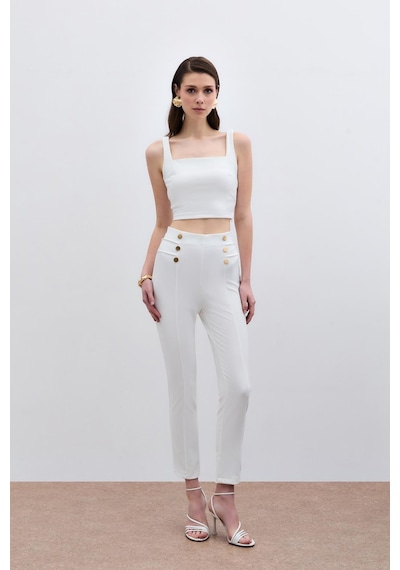 Sateen Düğme Detaylı Pantolon - Ekru-133796 Ekru